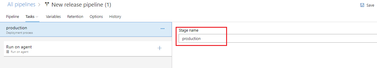Screenshot of stage name pane with the stage name an value of dev highlighted